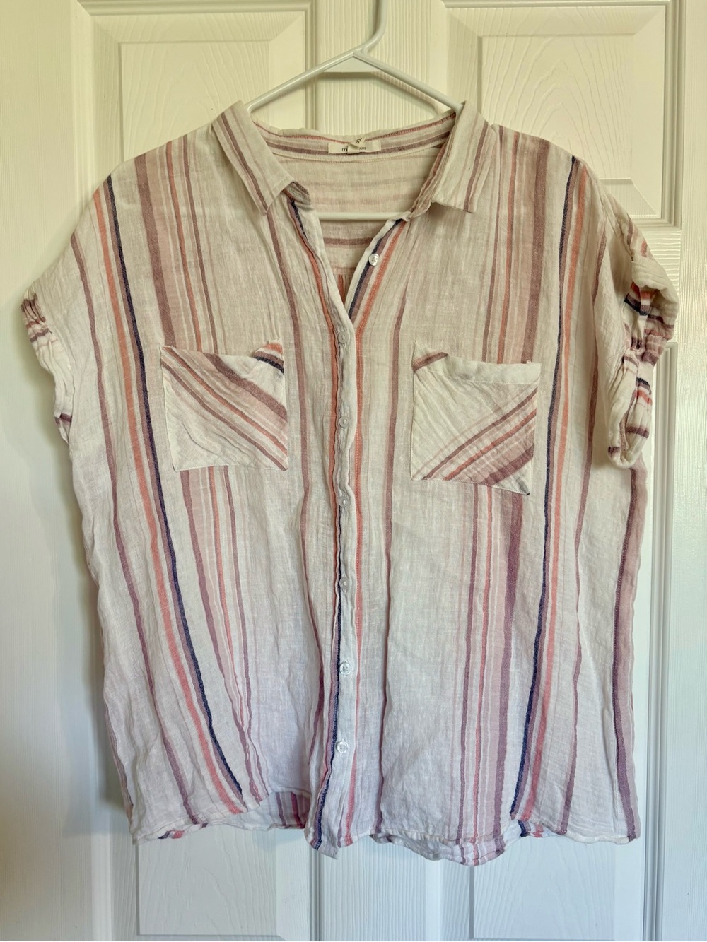 Maurices Cream Button-Front Short Sleeve Shirt with Pink & Purple Stripes